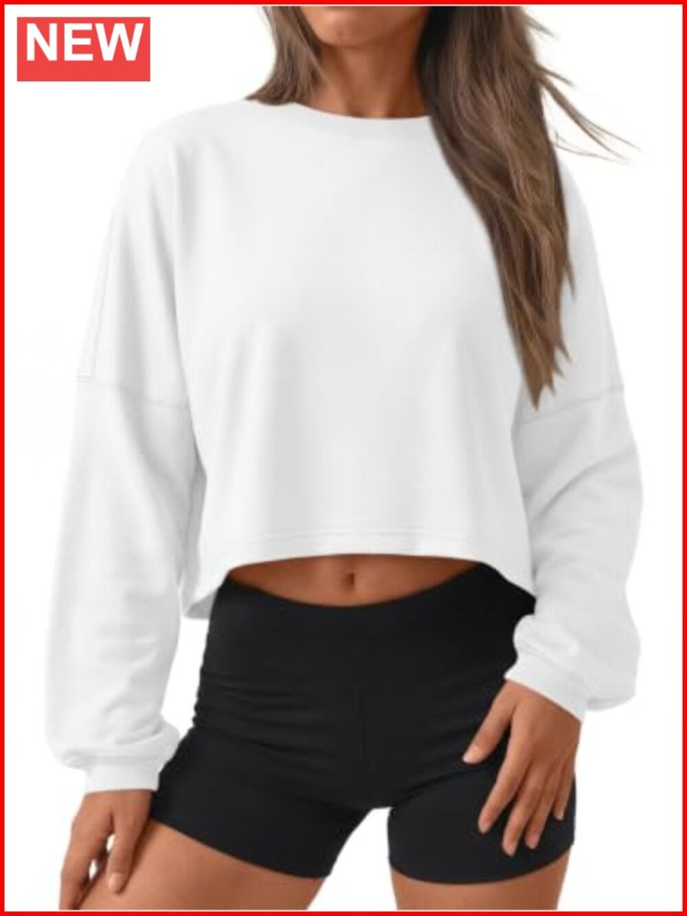 Cropped Crewneck Sweatshirt Long Sleeve Cotton Spandex Pullover